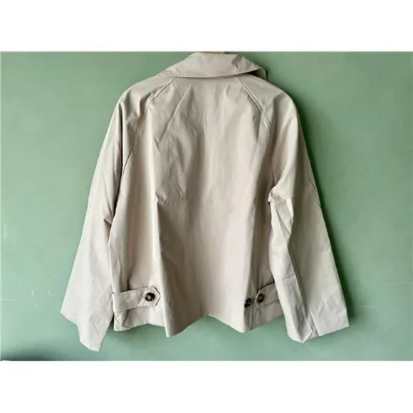 Women's Oversize Trench Coat Plaid Lining Lapel Button Down Casual Crop Jacket - Picture 7 of 8